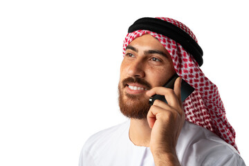 Sticker - Arab businessman talking on mobile phone isolated on white background