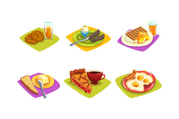 Wall Mural - Food for healthy breakfast set. Cookies, waffles, egg, butter, bread, pie and glass of juice cartoon vector illustration, juice,