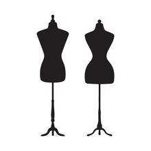 Vintage Mannequin For Female Body. Manikin Icon. Black Empty Torso Dummy For Woman And Man  Clothes, Vector Art Image Illustration, Isolated On White Background, Silhouette Design