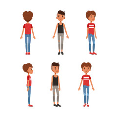 Wall Mural - Teenage boy and girl posing back, front and side view set cartoon vector illustration