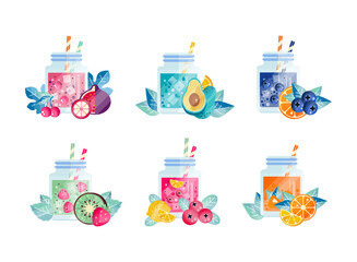 Wall Mural - Set of smoothie in glass jars with straws. Healthy superfood with watermelon, kiwi, avocado, fig fruit, orange, lemon, blueberry flat vector illustration