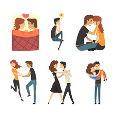 Sticker - Happy romantic couples set. Young men and women in love hugging, dancing, holding hands cartoon vector illustration