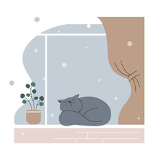 Cute Cartoon Cat Sleeping In A Window. Vector Winter Illustration.