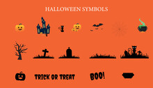 Halloween Symbols, Pumpkin, Haunted House With Ghost, Black Cat Bat, Spider Web, Tree, Tombstones And Trick Or Treat Text And Boo!