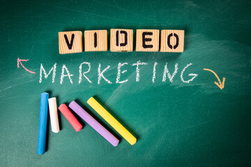 Wall Mural - Video Marketing. Wooden alphabet letters on a green chalkboard