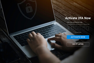 laptop computer with cybersecure and 2fa increases the security of your account privacy concept. two