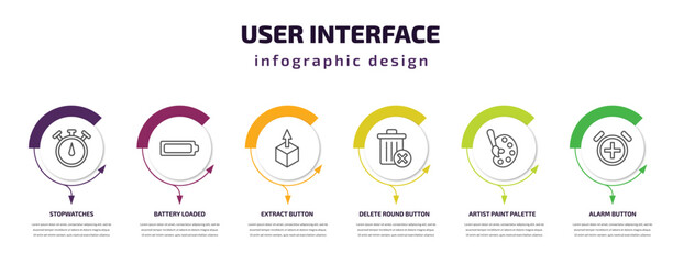 Poster - user interface infographic template with icons and 6 step or option. user interface icons such as stopwatches, battery loaded, extract button, delete round button, artist paint palette, alarm button