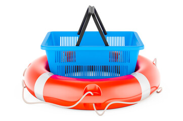 Poster - shopping basket with lifebuoy, safe shopping concept. 3d rendering