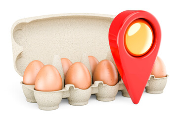 Poster - Map pointer with eggs in an egg carton. 3D rendering