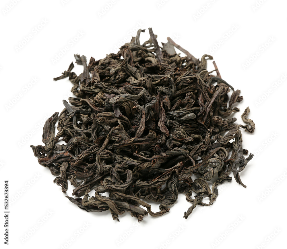 Heap of dry puer tea on white background