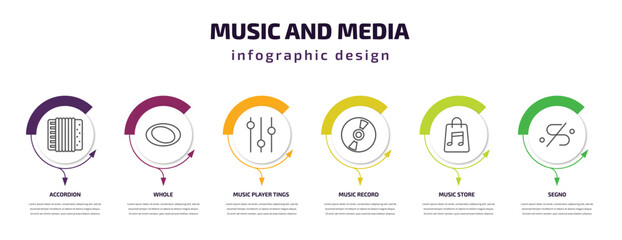 Poster - music and media infographic template with icons and 6 step or option. music and media icons such as accordion, whole, music player tings, record, store, segno vector. can be used for banner, info