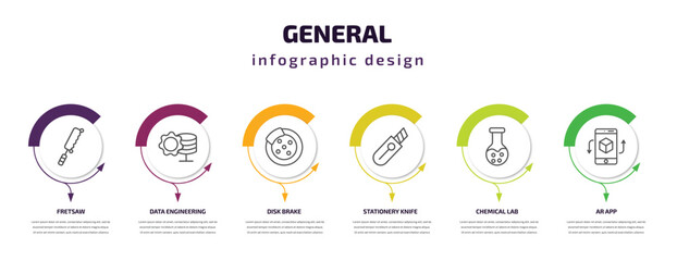 Poster - general infographic template with icons and 6 step or option. general icons such as fretsaw, data engineering, disk brake, stationery knife, chemical lab, ar app vector. can be used for banner, info