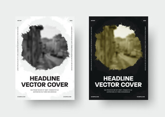 Poster - Cover template for report, book, brochure or flyer. Black and white business design with round grunge elements and photo space. Vector illustration