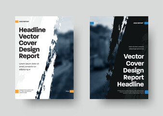 Poster - Cover template for report, book, brochure or flyer. Black and white business design with diagonal grunge elements and photo space. Vector illustration