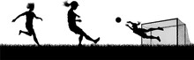 Women Players Footballers In Silhouette Scene Playing A Soccer Or Football Match On A Pitch