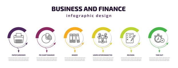 Poster - business and finance infographic template with icons and 6 step or option. business and finance icons such as paper shredder, pie chart diagram, binder, users interconnected, revision, time out