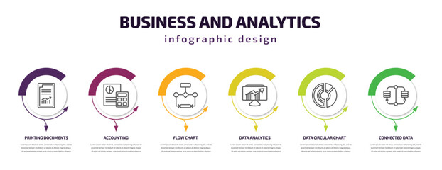 Poster - business and analytics infographic template with icons and 6 step or option. business and analytics icons such as printing documents, accounting, flow chart, data analytics, data circular chart,
