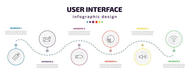 Poster - user interface infographic element with icons and 6 step or option. user interface icons such as shopping label, new email envelope, battery medium charge, percentage chart, round volume button,