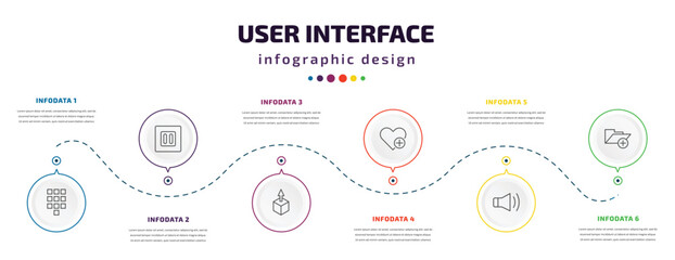 Poster - user interface infographic element with icons and 6 step or option. user interface icons such as telephone keypad, square stop button, extract button, add a like, loud audio, add folder button