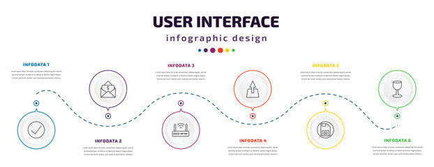 Poster - user interface infographic element with icons and 6 step or option. user interface icons such as check box, dollars in a mail, internet modem, uploading from drive, floppy disk save button, glass