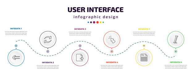 Poster - user interface infographic element with icons and 6 step or option. user interface icons such as slim left, synchronisation, export archive, cursor arrow, document with tables, italics vector. can