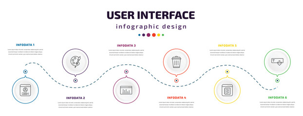 Poster - user interface infographic element with icons and 6 step or option. user interface icons such as accounts, painter palette, window graphic, trash bin, note blog, text out vector. can be used for