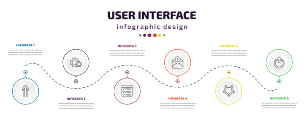 Poster - user interface infographic element with icons and 6 step or option. user interface icons such as slim up, wheels, task list, new message, pentagonal chart, external vector. can be used for banner,
