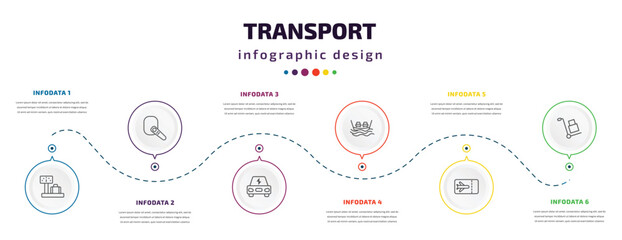 Wall Mural - transport infographic element with icons and 6 step or option. transport icons such as airport checking, hands free device, electro car, ferry, plane tickets, carrier vector. can be used for banner,