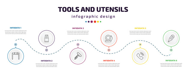 Poster - tools and utensils infographic element with icons and 6 step or option. tools and utensils icons such as clothes rack, top load washer, auger, electric bell, ringing, body thermometer vector. can be