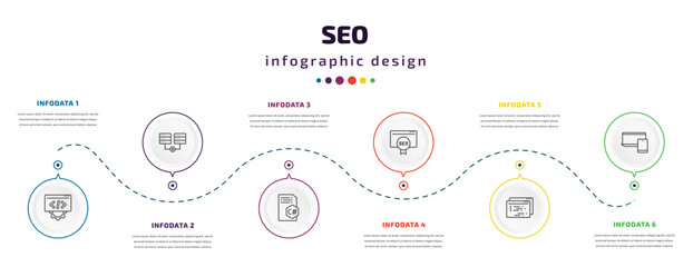 seo infographic element with icons and 6 step or option. seo icons such as optimization, hosting, c sharp, seo ranking, page, responsive vector. can be used for banner, info graph, web,