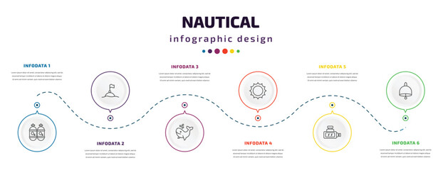 Poster - nautical infographic element with icons and 6 step or option. nautical icons such as oxygen tank, buoys, whale, sun shining, ship engine, big bell vector. can be used for banner, info graph, web,