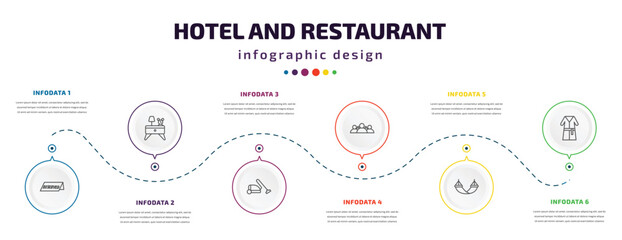 Aufkleber - hotel and restaurant infographic element with icons and 6 step or option. hotel and restaurant icons such as reserved, nightstand, vacuum cleaner, people, hammock, bathrobe vector. can be used for