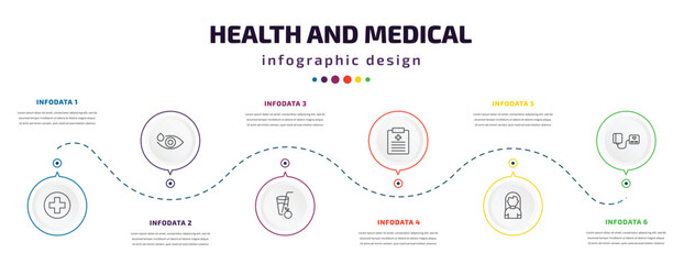 Poster - health and medical infographic element with icons and 6 step or option. health and medical icons such as medical, eye drops, orange juice, report, girl, blood pressure gauge vector. can be used for