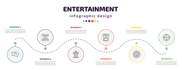 entertainment infographic element with icons and 6 step or option. entertainment icons such as board games, tic tac toe, carousel horse, ticket booth, poker chip, shoot duck vector. can be used for