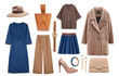 Beautiful autumn colors women's clothes set.Collection of blue brown clothing isolated on white.Female apprel.