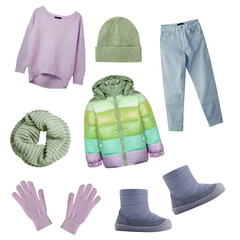 Wall Mural - Winter sport women's clothing isolated set.Collection of female clothes. Cold season female garment.