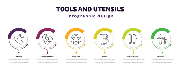 Poster - tools and utensils infographic template with icons and 6 step or option. tools and utensils icons such as ringing, rubber bands, highlight, bold, writing tool, windmills vector. can be used for