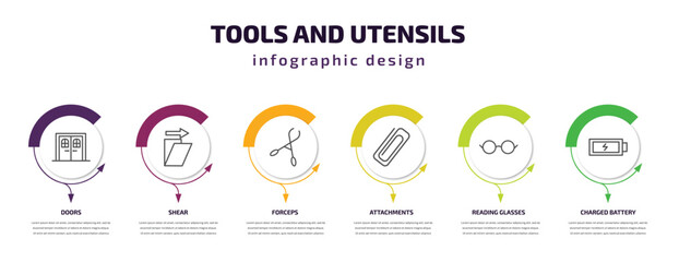 Poster - tools and utensils infographic template with icons and 6 step or option. tools and utensils icons such as doors, shear, forceps, attachments, reading glasses, charged battery vector. can be used for