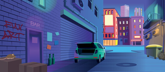 Dark back street alley with a door to a bar, a trash can, a car with an open trunk at night in cartoon style. Background for games and mobile applications.