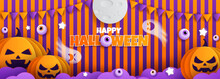 Happy Halloween Background Vector Illustration. Halloween Hanging Decoration With Orange And Purple Stripes Background.