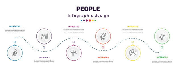 Wall Mural - people infographic element with icons and 6 step or option. people icons such as running at finish line, pregnant priority, open present box, woman taking a photo, woman profile, ticket collector