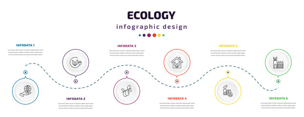 Wall Mural - ecology infographic element with icons and 6 step or option. ecology icons such as globe on hand, eco energy, olives on a branch, eco house, recycling factory, eco factory vector. can be used for