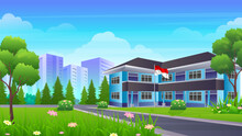 Modern Indonesian Secondary Education School Building With Green Lawns, Grass And Trees Cartoon Illustration