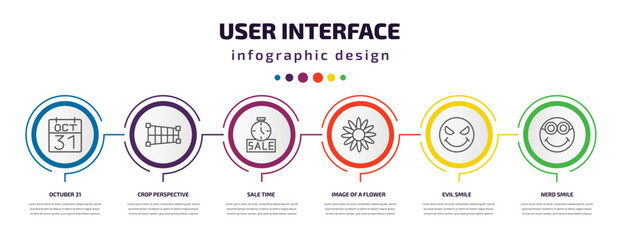 Poster - user interface infographic template with icons and 6 step or option. user interface icons such as octuber 31, crop perspective, sale time, image of a flower, evil smile, nerd smile vector. can be