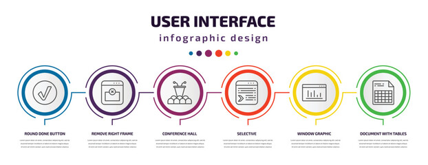 Poster - user interface infographic template with icons and 6 step or option. user interface icons such as round done button, remove right frame, conference hall, selective, window graphic, document with