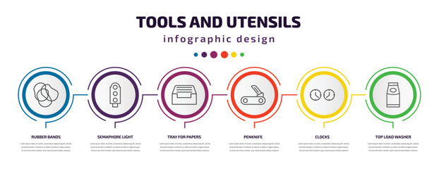 Poster - tools and utensils infographic template with icons and 6 step or option. tools and utensils icons such as rubber bands, semaphore light, tray for papers, penknife, clocks, top load washer vector.