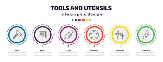 Poster - tools and utensils infographic template with icons and 6 step or option. tools and utensils icons such as auger, doors, tattoo, highlight, windmills, attached vector. can be used for banner, info