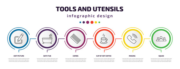 Poster - tools and utensils infographic template with icons and 6 step or option. tools and utensils icons such as edit picture, bath tub, combs, cup of hot coffee, ringing, squad vector. can be used for