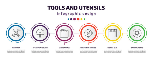 Poster - tools and utensils infographic template with icons and 6 step or option. tools and utensils icons such as reparation, up arrow cloud, calendar page, orientation compass, clothes rack, cardinal
