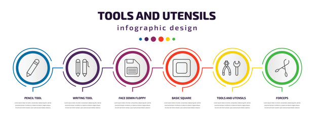 Poster - tools and utensils infographic template with icons and 6 step or option. tools and utensils icons such as pencil tool, writing tool, face down floppy disk, basic square, tools utensils, forceps